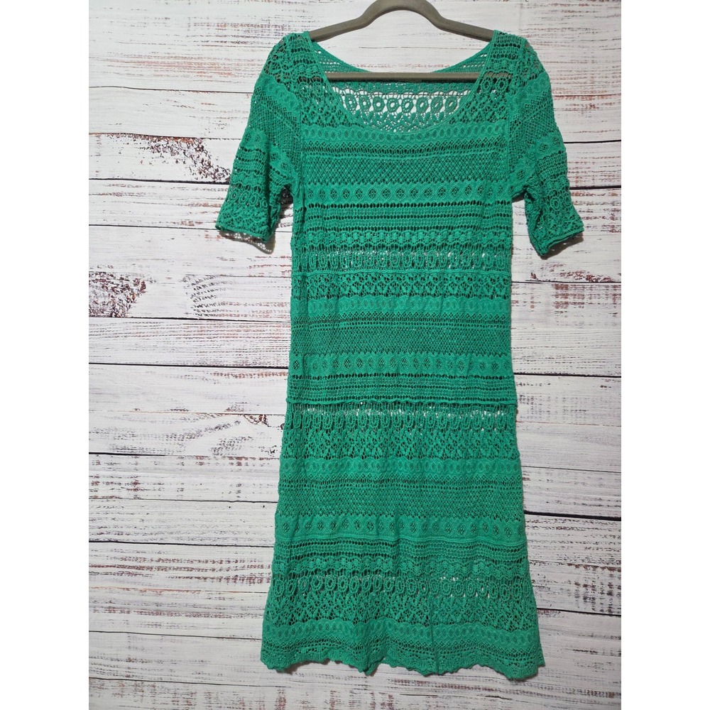 Solitaire Green Crochet Lace Swim Cover Short Sleeve Scoop Neck Sheath Small